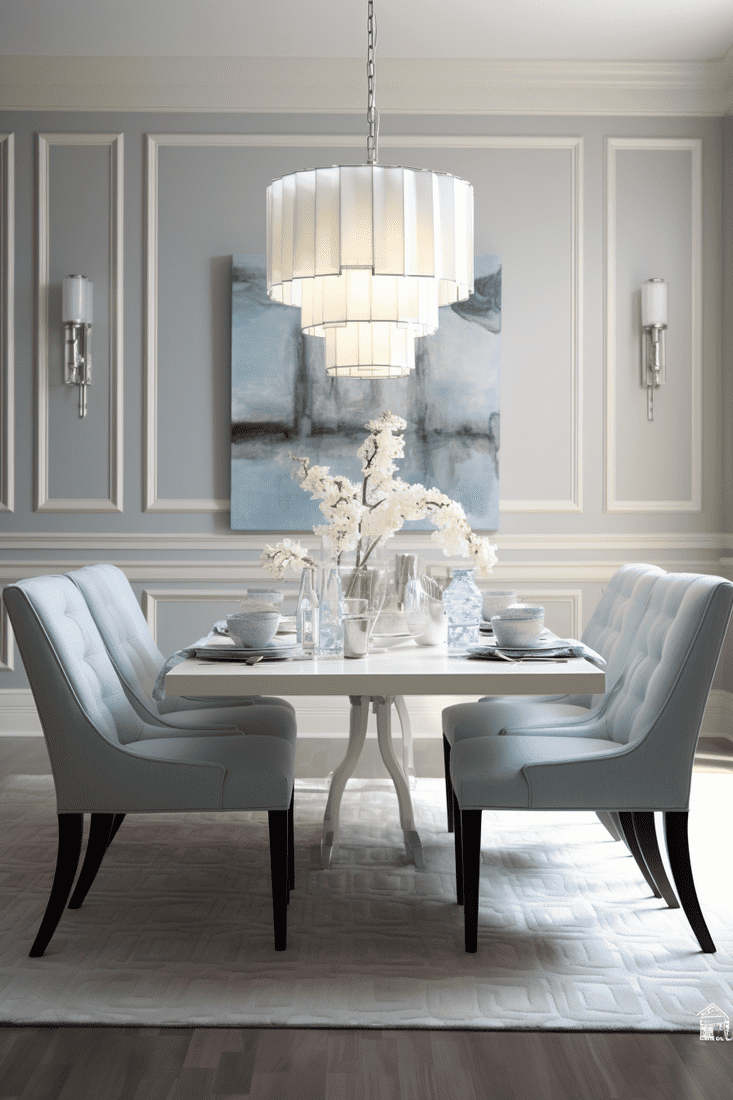 a hyperrealistic dining room with cool colors like grey and blue for a modern and calming ambiance, even if they are not traditionally appetizing colors