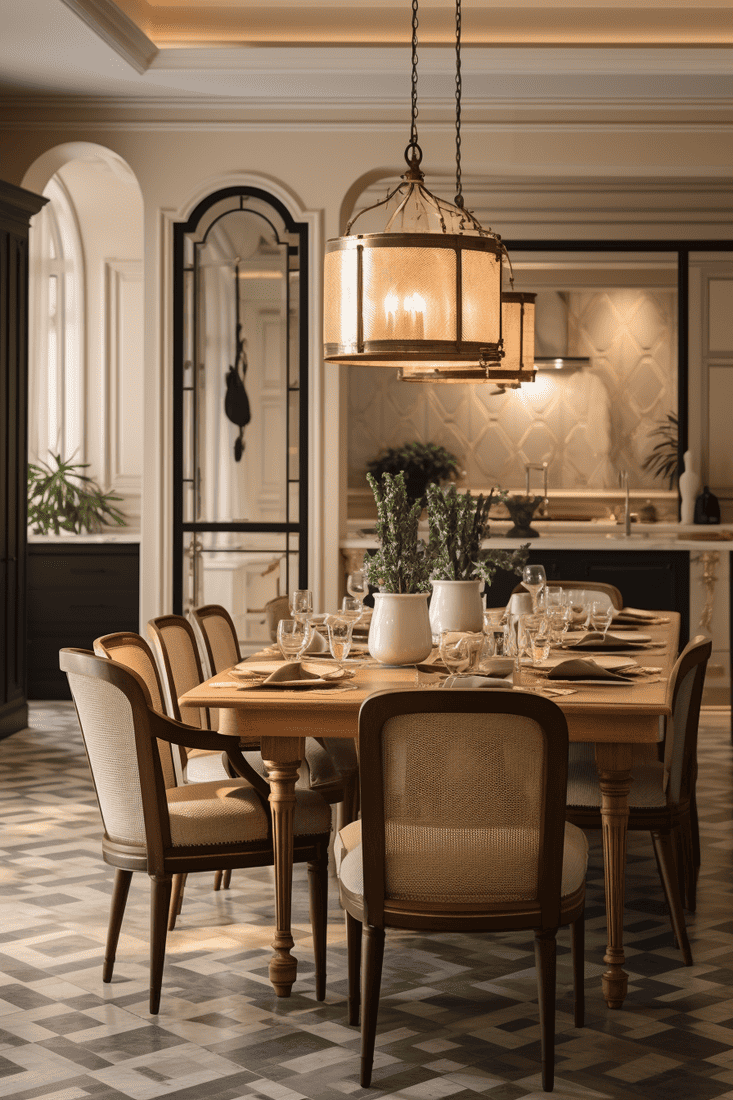 a hyperrealistic dining room with hardwood furniture in golden hues, subtle iron accents, and warm colors, evoking an Italian-inspired atmosphere1