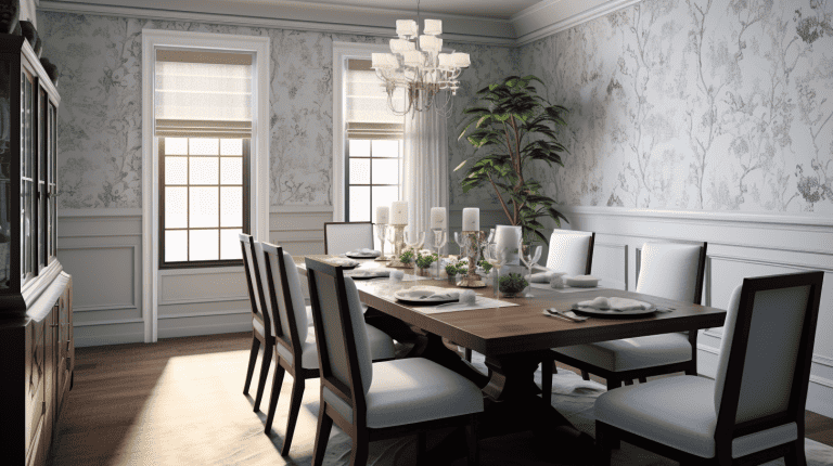 a hyperrealistic dining room with wallpaper, considering the balance of bright, small patterns, and big patterns to define the room's look.