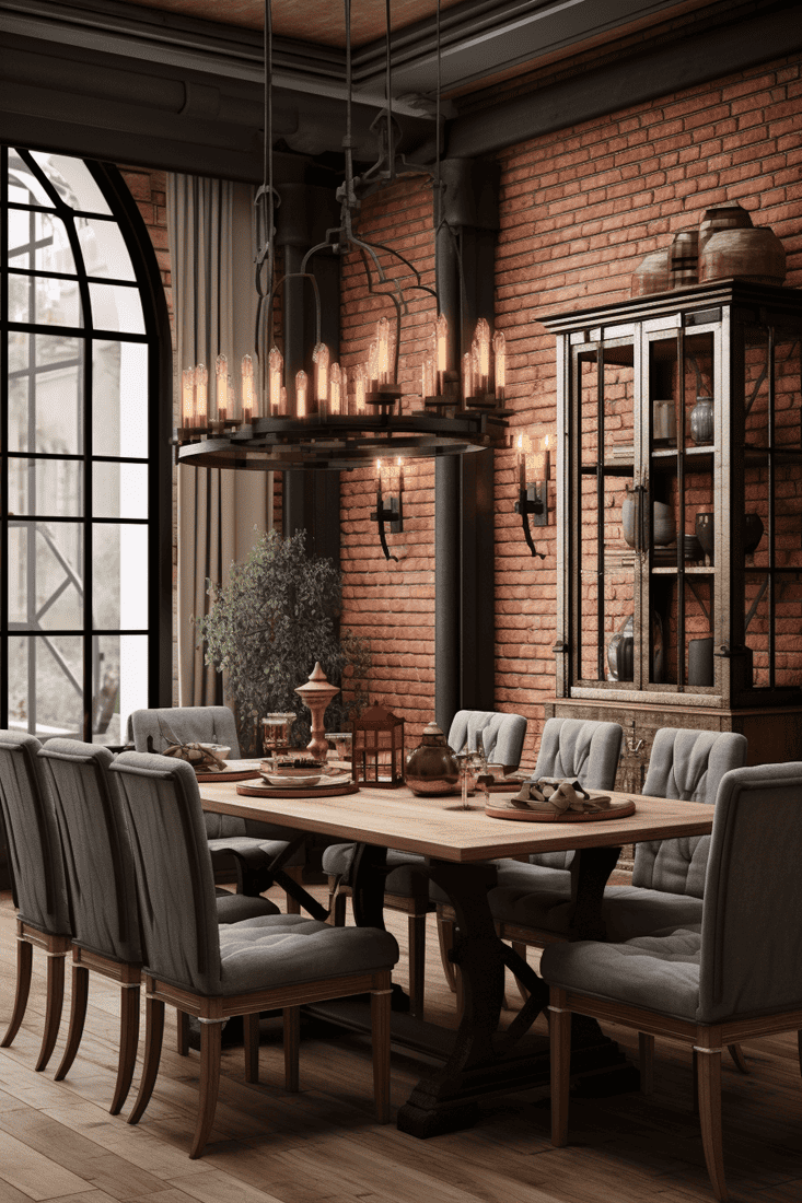 a hyperrealistic dining room with weathered wood and brick textures, pairing greyish wood with iron accents for a steampunk-inspired look