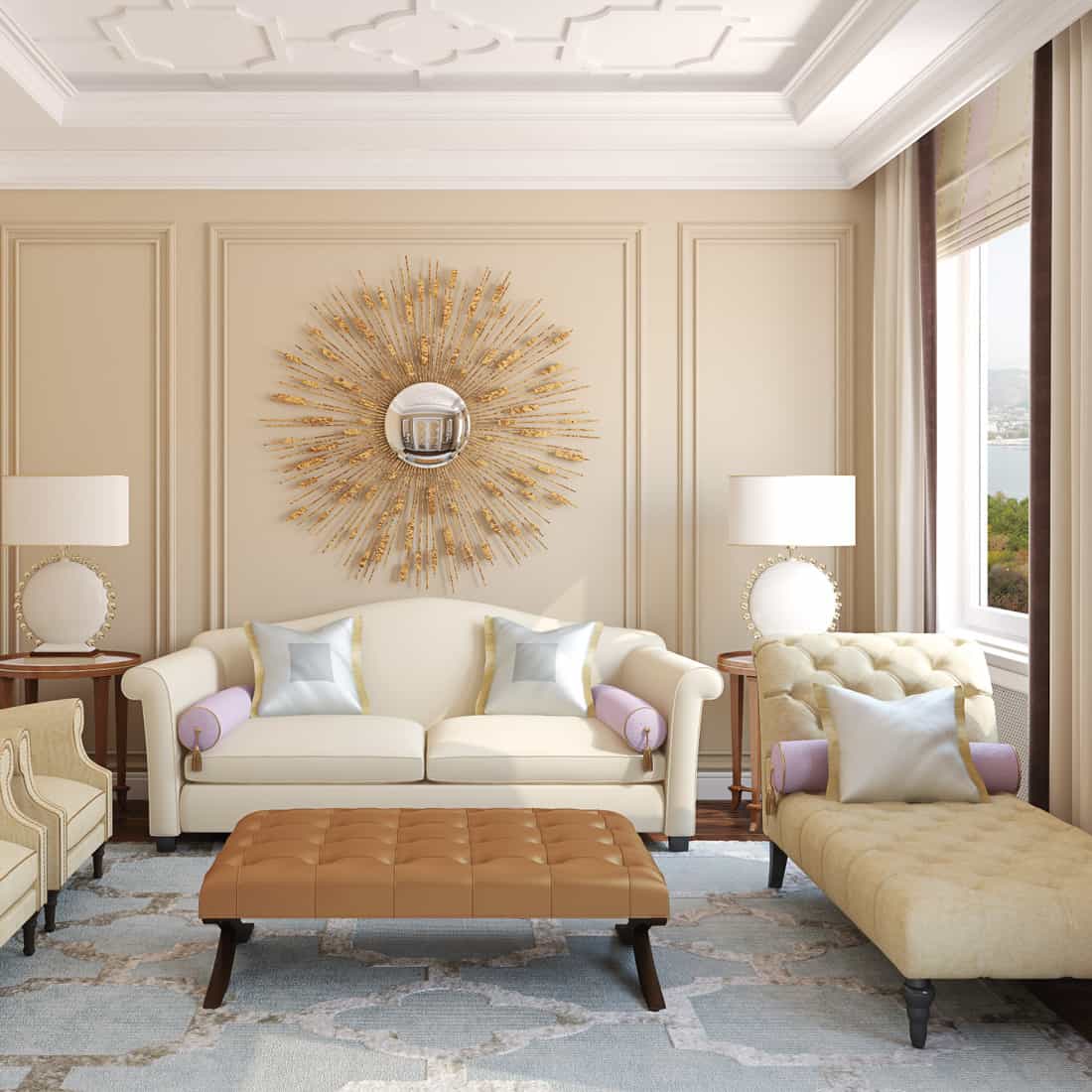 Beige colored furniture in a living room, walls with moulding and upholstered center table