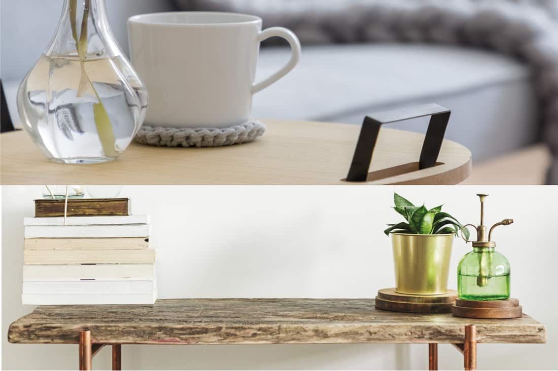 A collage of console and coffee table with vases on top, Should Console Table Match Coffee Table?