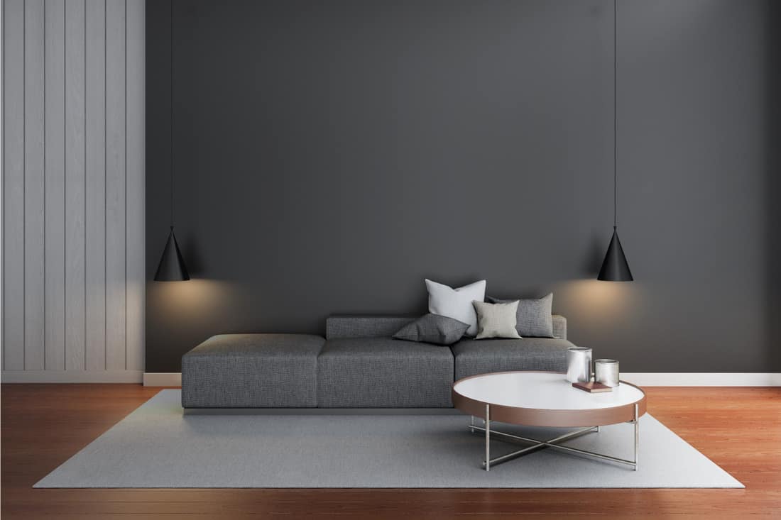 Dark gray living room, modern simple with single sofa and coffee table on a gray carpet