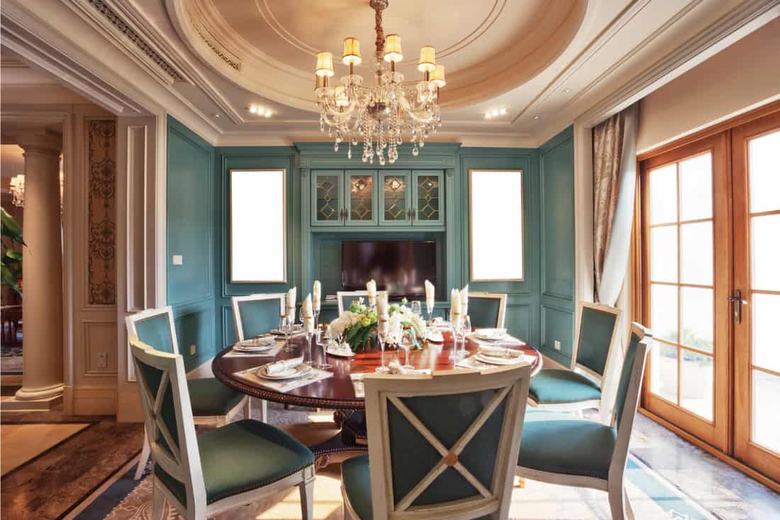 Luxurious dining room with walls and chairs in matching colors