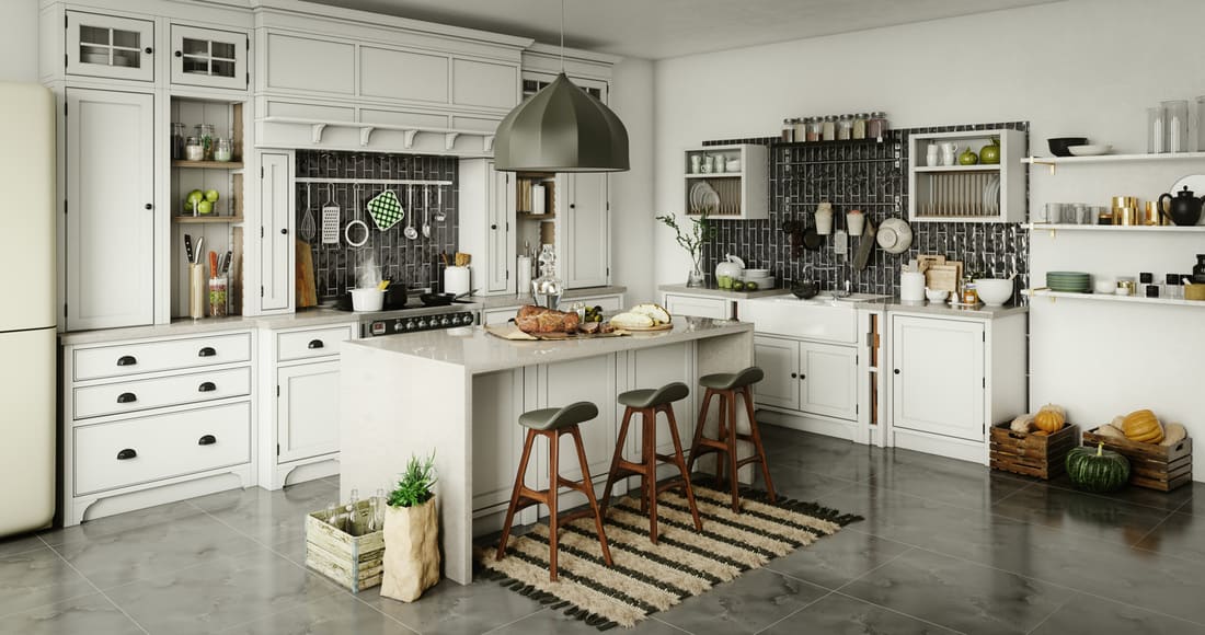 Intérieur de cuisine domestique de luxe (élégant) avec des éléments rustiques.