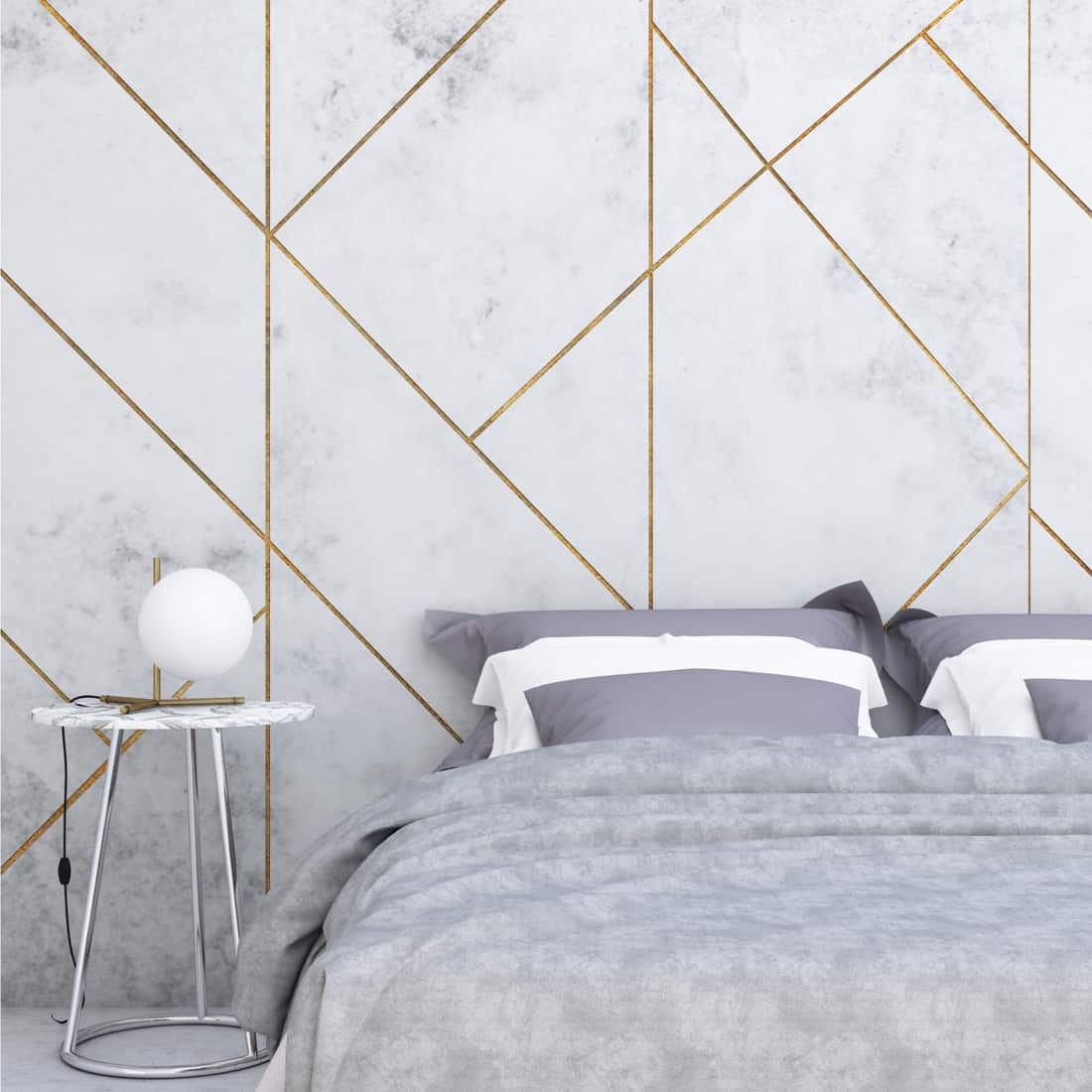 Marble masterpiece of a wall design for a gray and white bedroom