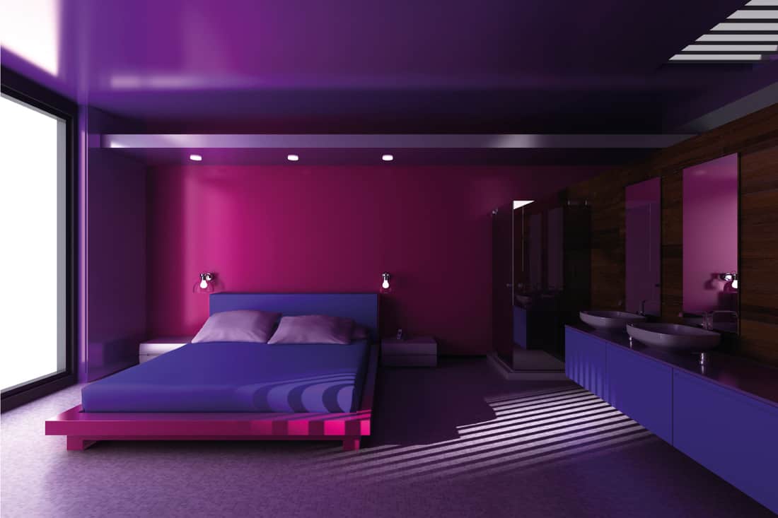 Modern purple shade bedroom with fluo style and materials