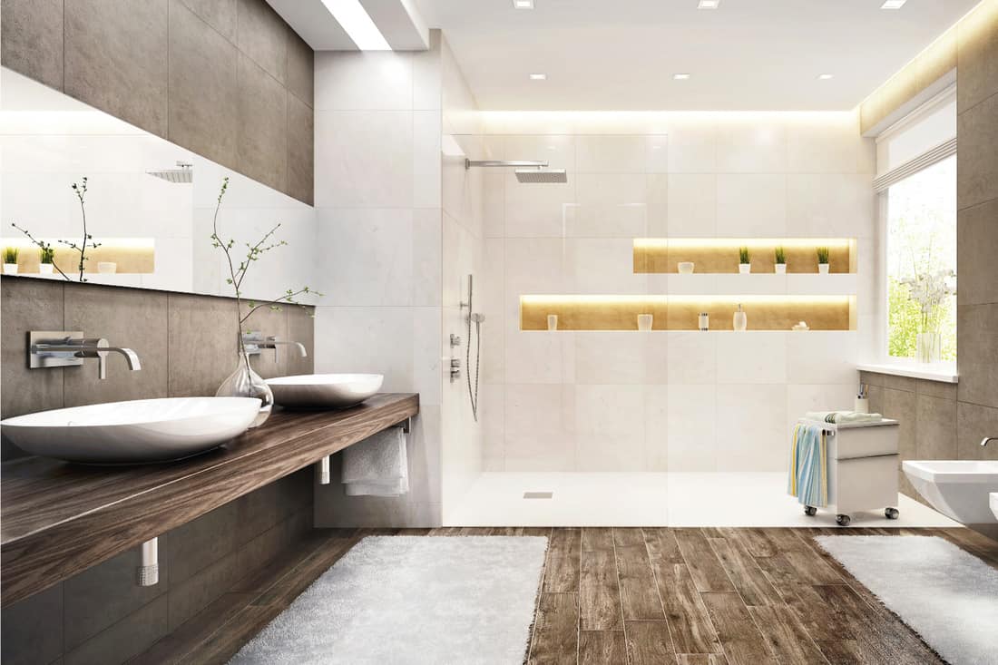 Modern bathroom with large shower and wood design wall tiles