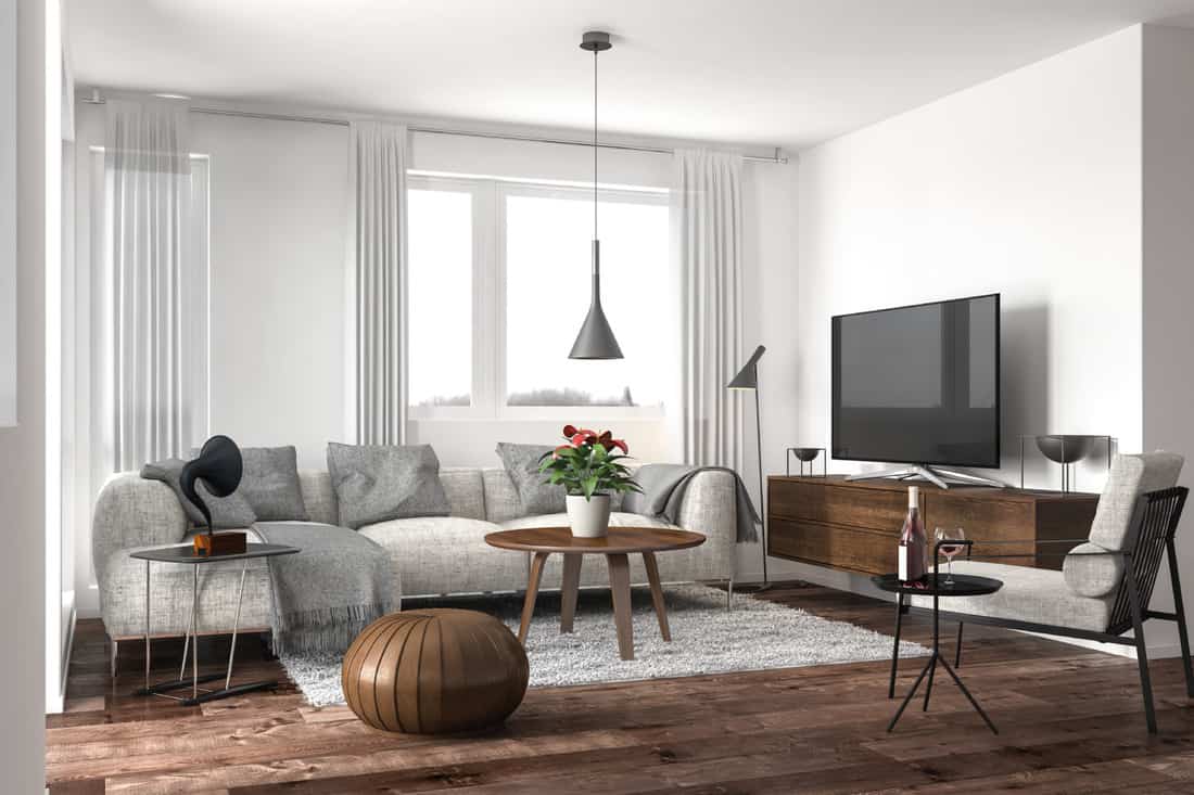 Modern living room with mix of gray and wood