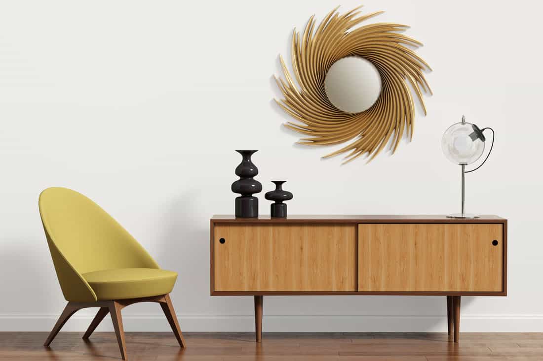 scandinavian console table with armchair and mirror
