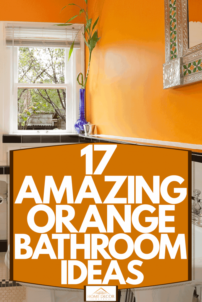 An orange wall bathroom with white paneled cabinets, white tiled base wall, and a white bathtub and white shower curtains, 17 Amazing Orange Bathroom Ideas