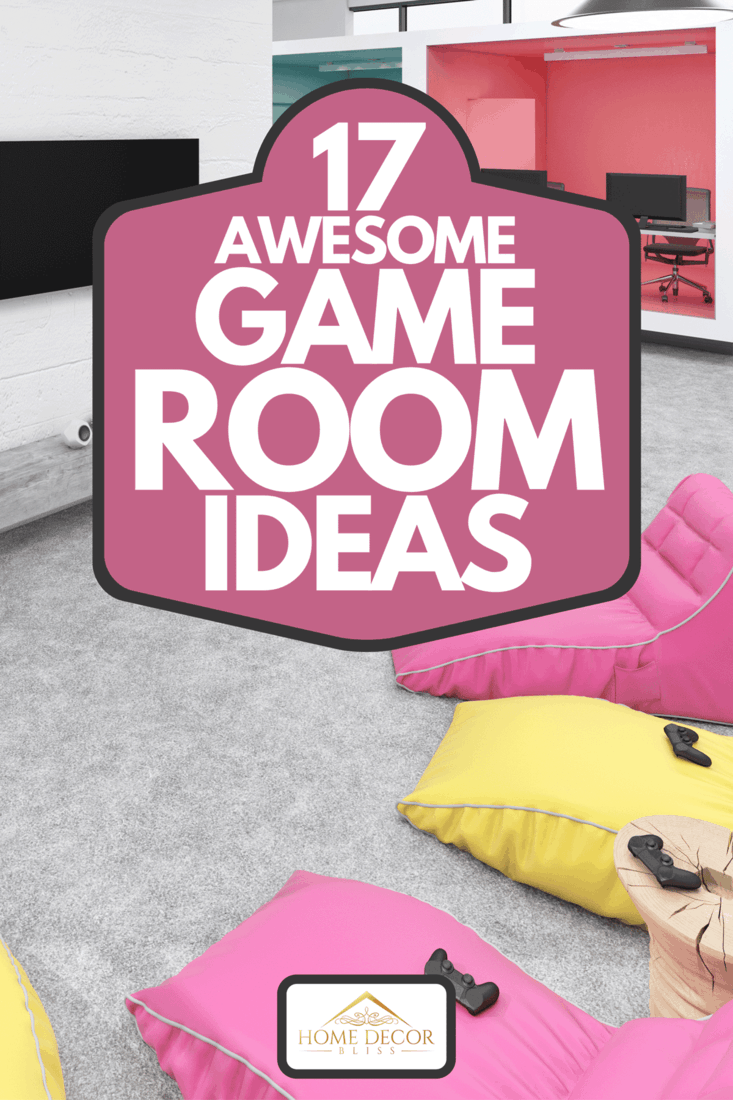 Modern game room office interior with lazy bags, TV screens, cubicle office and concrete floor, 17 Awesome Game Room Ideas