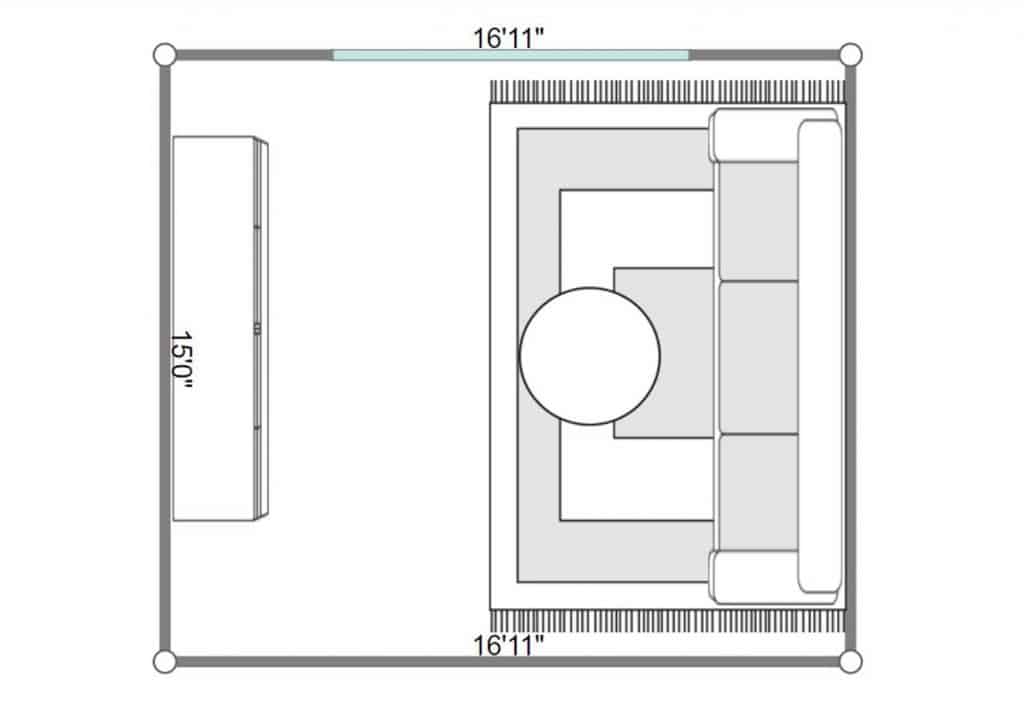 2D floorplan of a contemporary living room with gray couch and Scandinavian coffee table