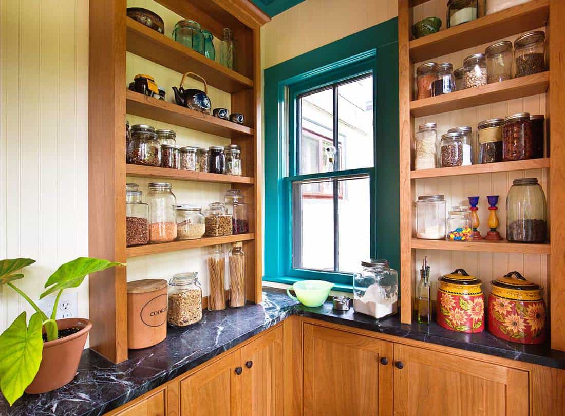 Une cuisine classique contemporaine avec une étagère de rangement pour garde-manger et une armoire en érable