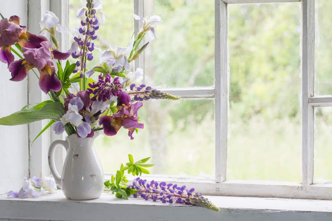 A gorgeous collection of flowers and orchids on a white vase placed on a windowsill, What To Put On Kitchen Windowsill [9 Suggestions]