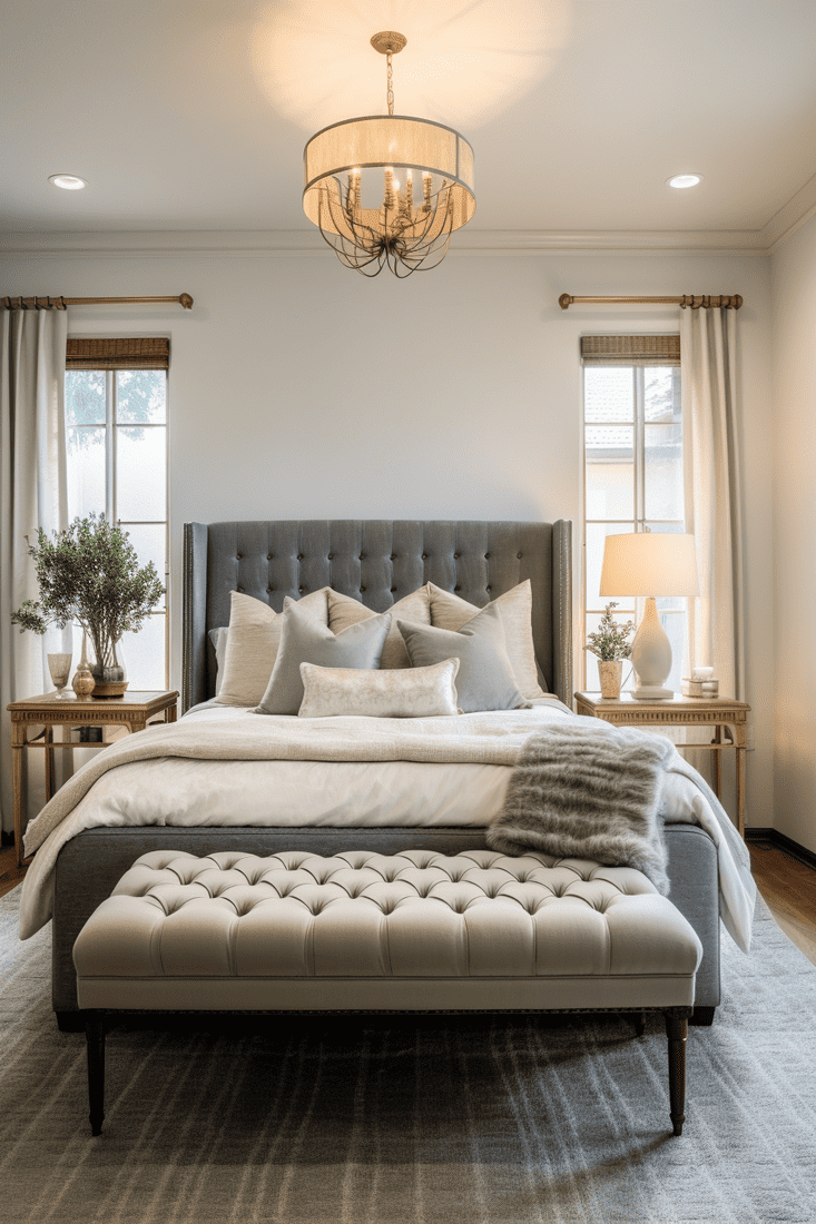A hyperrealistic bedroom with a tufted bed covered in elegant throws, adorned with rich and sophisticated pillows. Leather tufted bench at the foot of the bed. French country style.