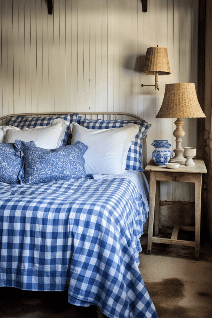 A hyperrealistic bedroom with blue and white worn print sheets, reminiscent of French newspaper prints. Blue and white gingham accents underneath. Rustic and beautiful French decor.