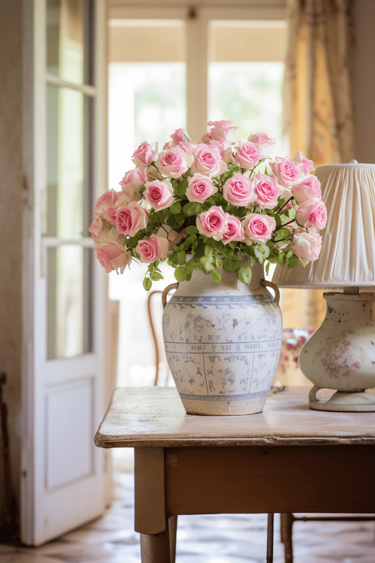 A hyperrealistic country-style room with a French-printed milk pail used as a vase, filled with roses. Charming and innocent vibe. French country decor.