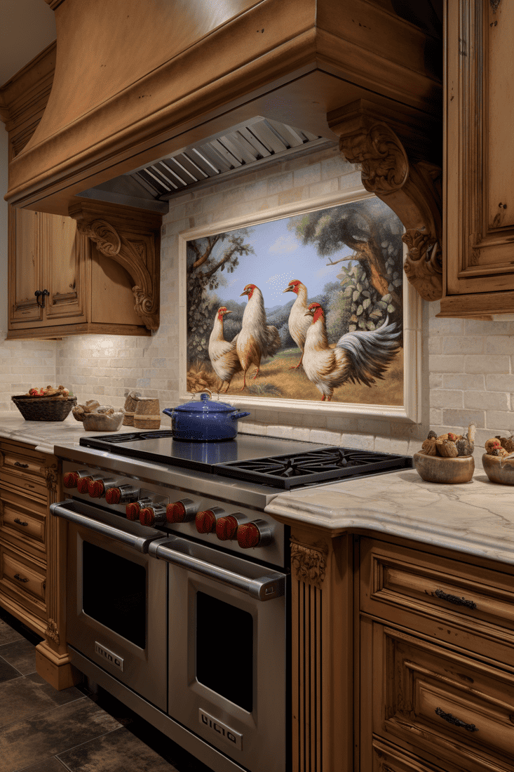 A hyperrealistic kitchen with a backsplash featuring hens and a rooster, giving the ambiance of a Provence kitchen. French countryside charm.
