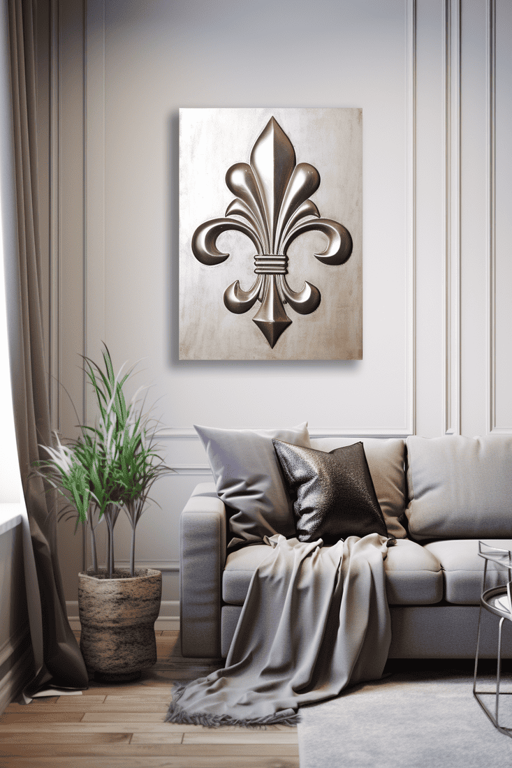 A hyperrealistic room with a metallic fleur de lis wall decor item. Adds a royal touch to the space. French symbolism.
