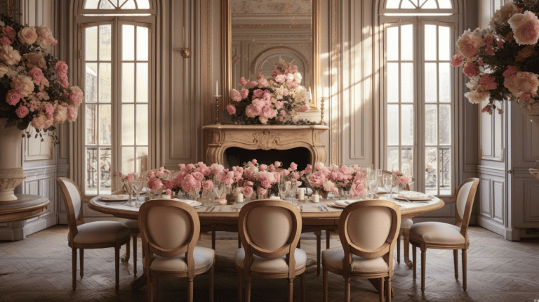 A hyperrealistic room with decadently large bouquets of roses on the tables, bringing the romance of France into your home. French floral decor