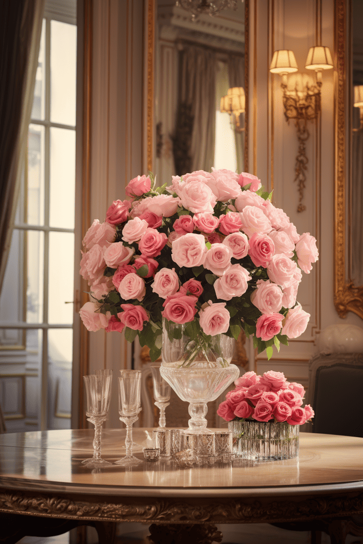 A hyperrealistic room with decadently large bouquets of roses on the tables, bringing the romance of France into your home. French floral decor.