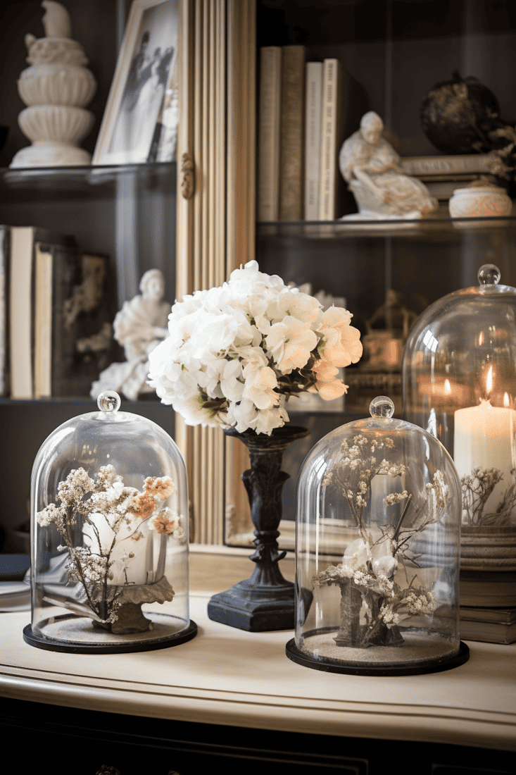 A hyperrealistic room with decorative cloches showcasing elegant items like jewelry, mini statuettes, dried flowers, or clocks. Adds a touch of elegance to the decor. French country style.
