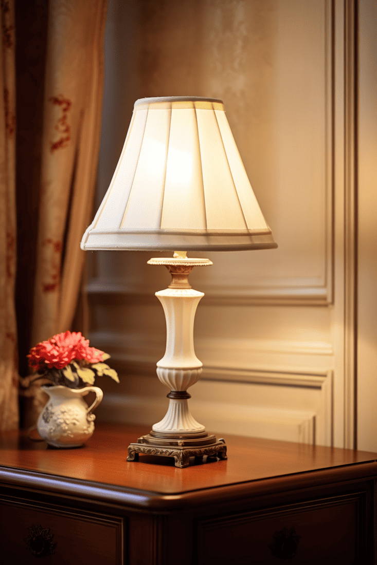 A hyperrealistic room with traditional French home elements, illuminated by a warm glow from a table lamp in the corner. Traditional table lamp with cream lampshade. Inviting French country style.