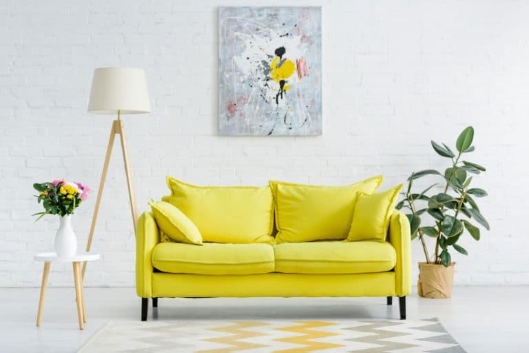 A light and elegant white colored living room incorporated with yellow loveseat sofa, indoor plants and a tripod floor lamp, 11 Captivating Couch Color Ideas For Living Room