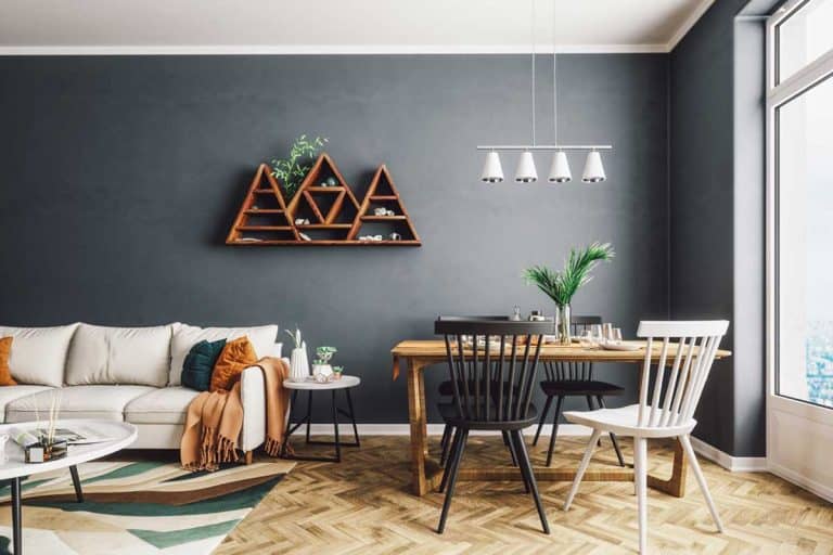 A scandinavian style living and dining room with wooden table and parquet floor, What Color Ceiling Goes With Gray Walls?