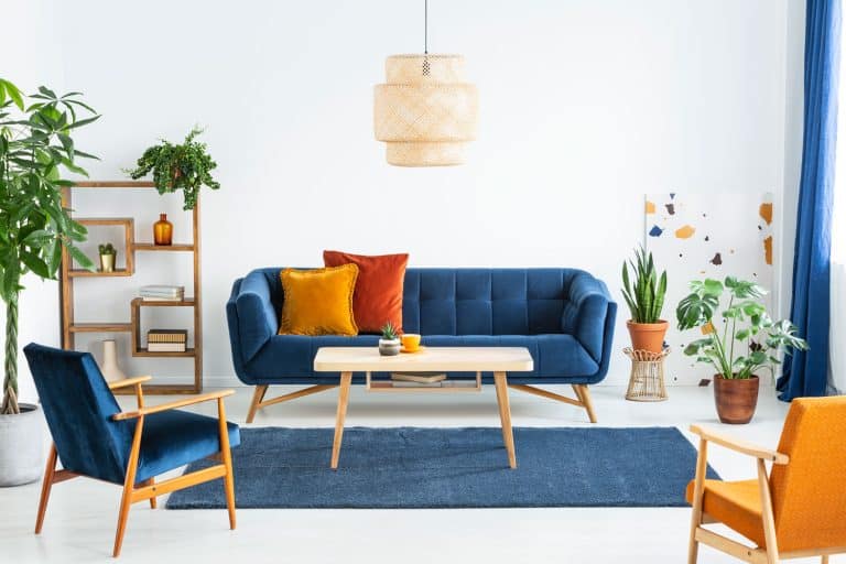 A small gorgeous bohemian themed living room with a blue long sofa with orange and red throw pillows, a blue carpet in front, and a white wall with indoor plants all over, What Goes With A Blue Couch? [5 Color Schemes Explored]