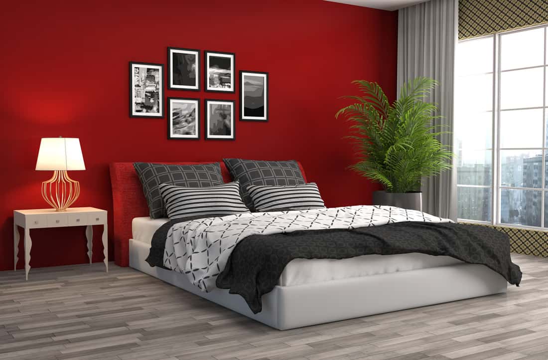 Bedroom interior with red walls and gray curtains