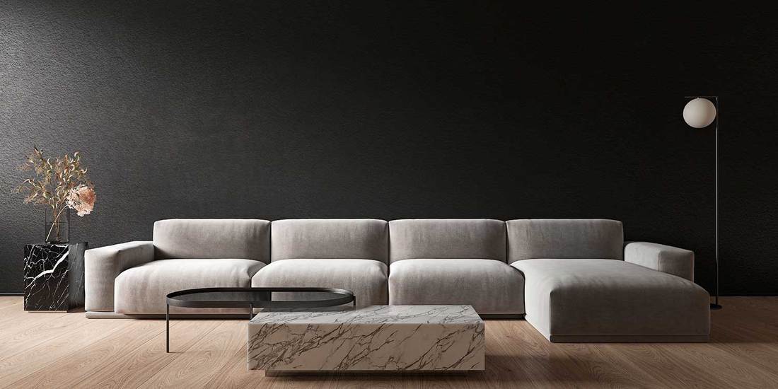 Black minimalistic interior with marble coffee table and sofa