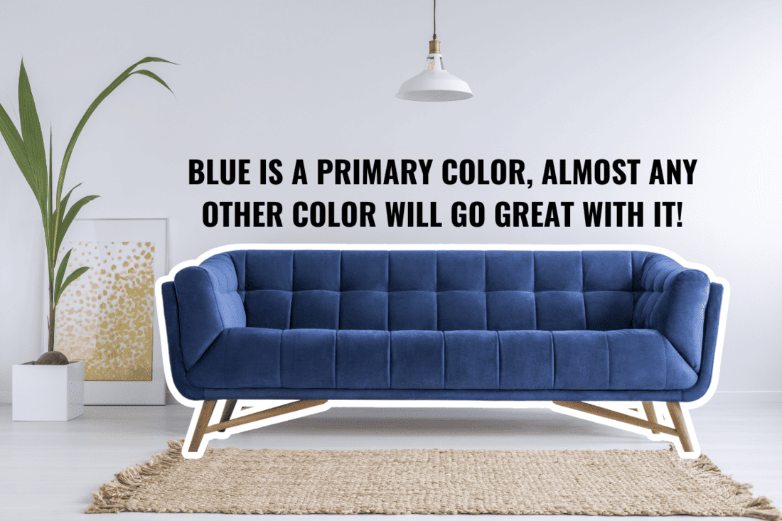 Blue sofa and wicker carpet in white simple living room. - What Color Chairs With Blue Sofa?