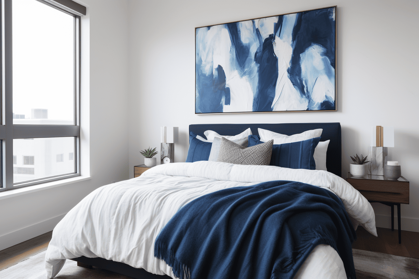 photo of a vibrant bedroom showcasing a white comforter with blue sheets, ranging from sky to navy, offering a versatile and refreshing appeal