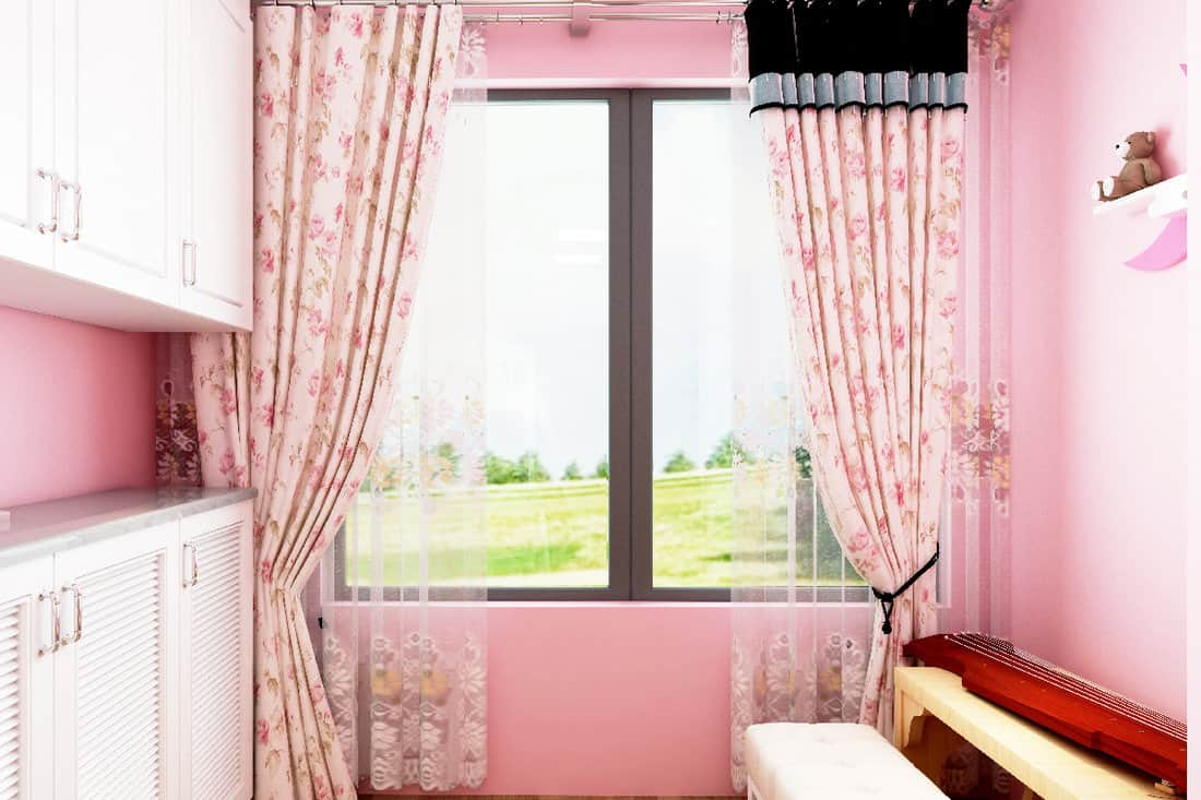 Child room in pink color curtain