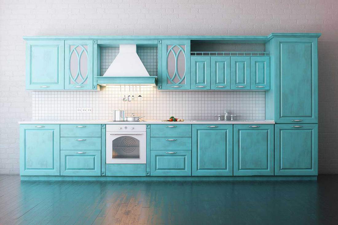 Classic wooden kitchen painted in turquoise