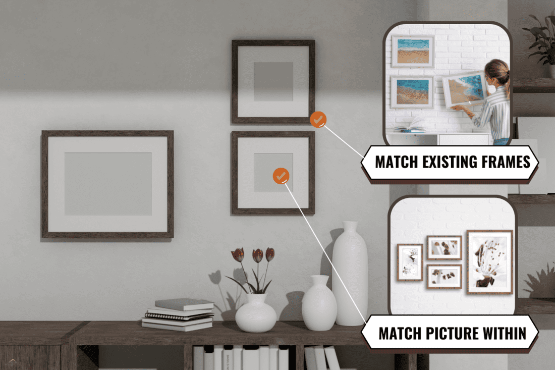 Copy space on wooden low-cabinet with ceramic vase and book against the white wall with empty picture frame mockup. Living room intention design. - Should Picture Frames All Be The Same Color?