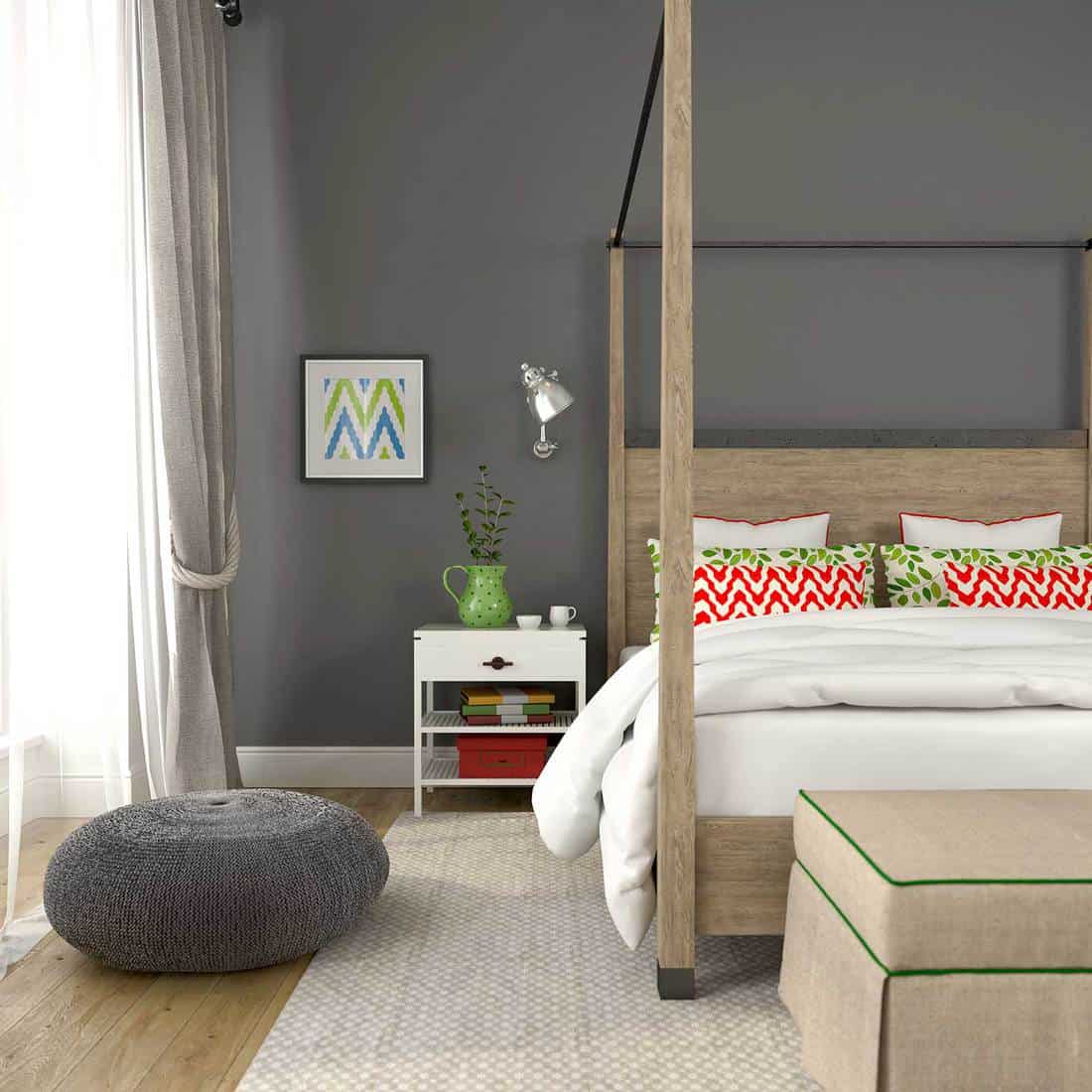 Fragment of modern bedroom with colorful decoration