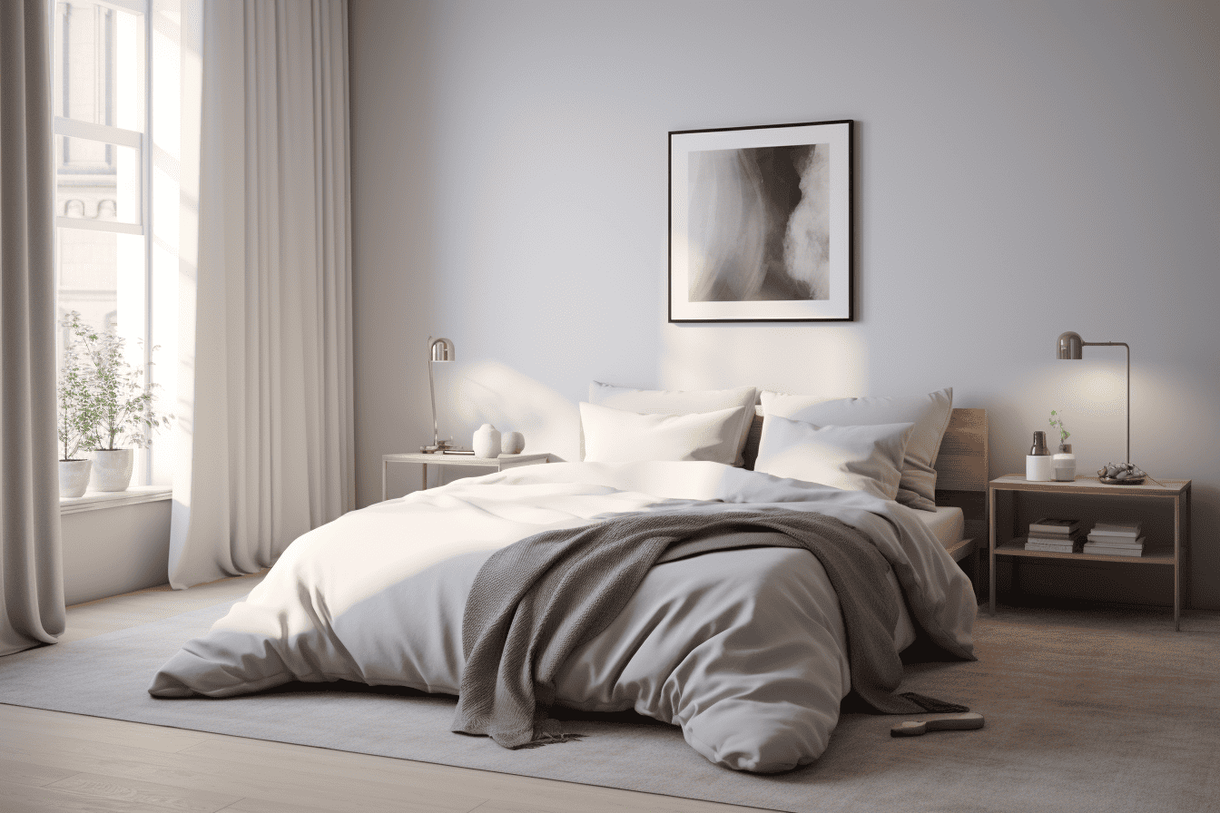 photo of a bedroom with a white comforter and soft gray sheets, offering a neutral, serene ambiance; hints of color in room decor to complement the understated palette