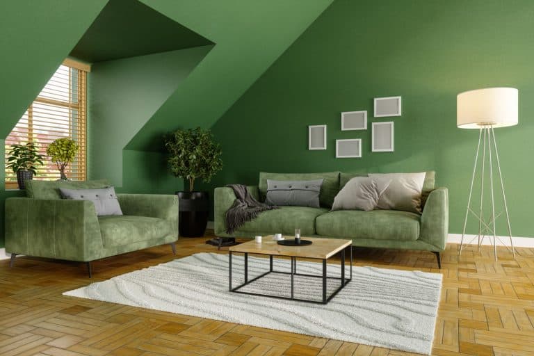 Green mansard living room with two green sofas, a grey carpet, and a center console table