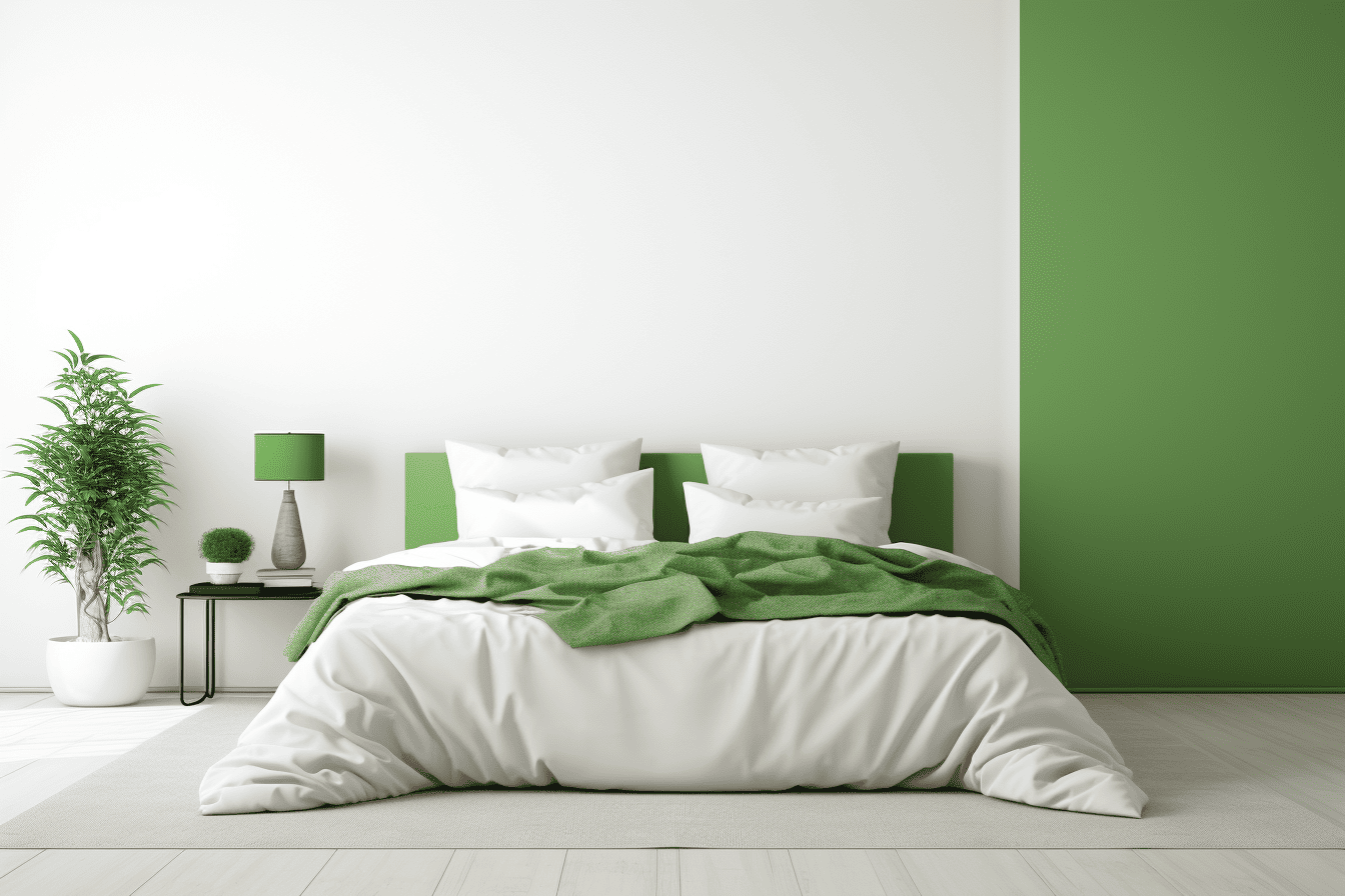 photo of a bedroom with a white comforter and grassy green sheets, evoking fresh spring vibes; options for luxurious emerald satin for a richer feel