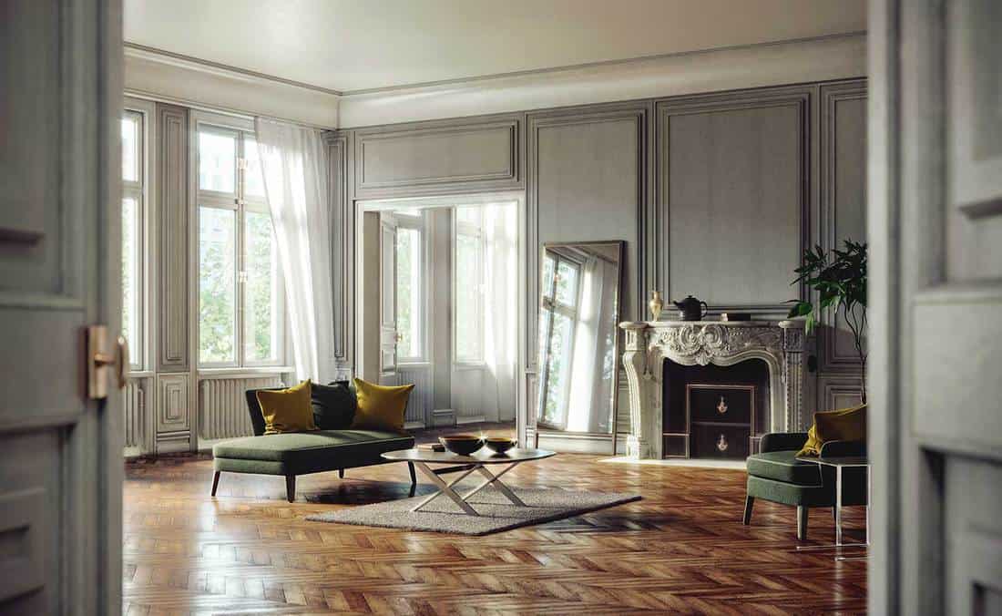 Home interior design living room with gray walls, sofa, couch, coffee table, parquet floor and large mirror