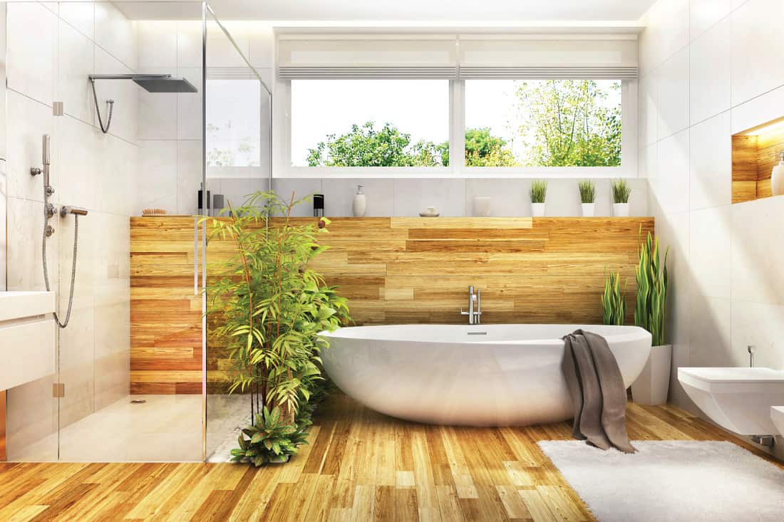 Salle De Bain En Bois Clair Avec Abondance De Plantes.  Design de salle de bain moderne avec belle baignoire, douche et plantes.  Salle de bain en bois