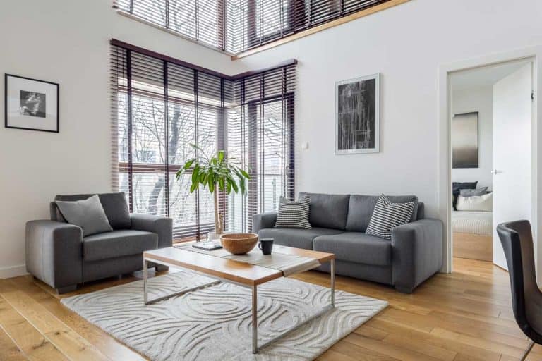 Living room with sofa set, big windows, blinds and hardwood floor, 11 Amazing 12X18 Living Room Layouts