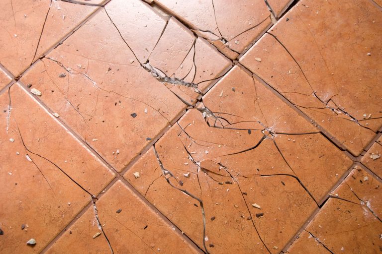 Looking down at a floor full of cracked and broken ceramic tiles, How To Repair Cracked Ceramic Tile [5 Simple Steps]