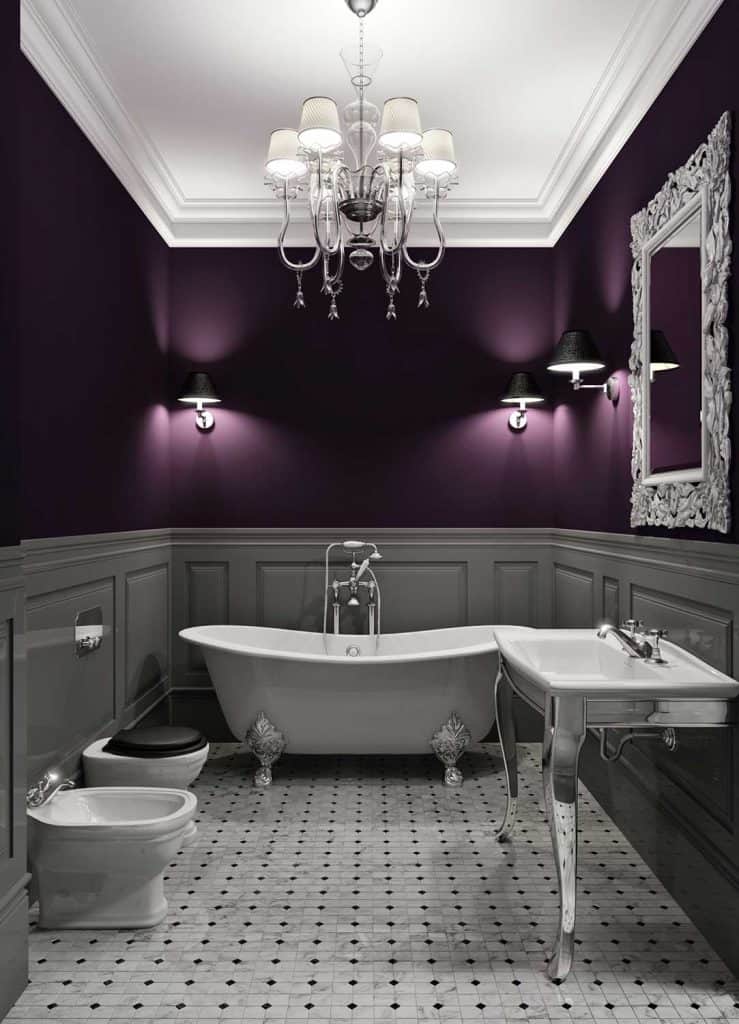 Luxurious interior of bathroom in dark violet tone