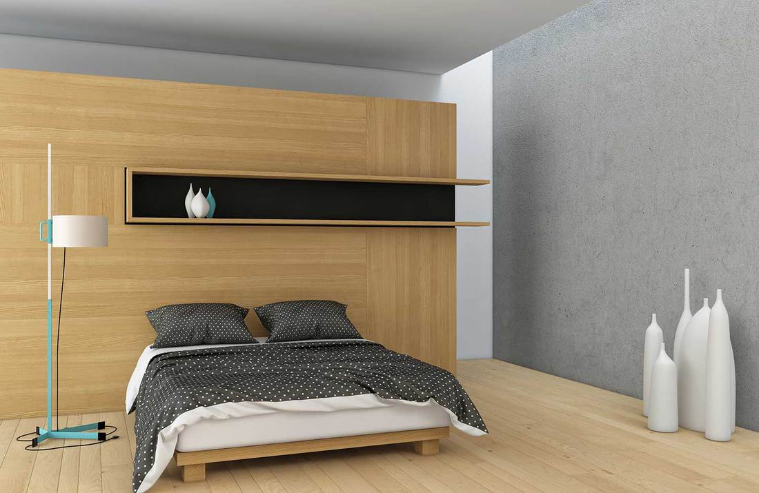 Master bedroom with floor lamp and hardwood flooring