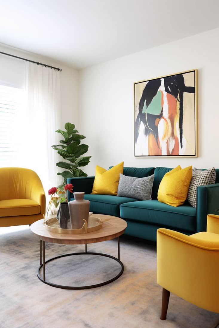trendy seating arrangement with a mustard yellow sofa and a deep bluish-green velvet sofa, complemented by neutral-colored chairs and patterned throw pillows