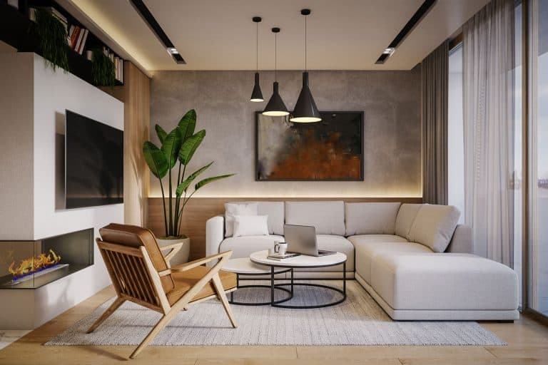 Modern living room with sofa, coffee table and a chair, Should Furniture Match Walls? [A Complete Guide]
